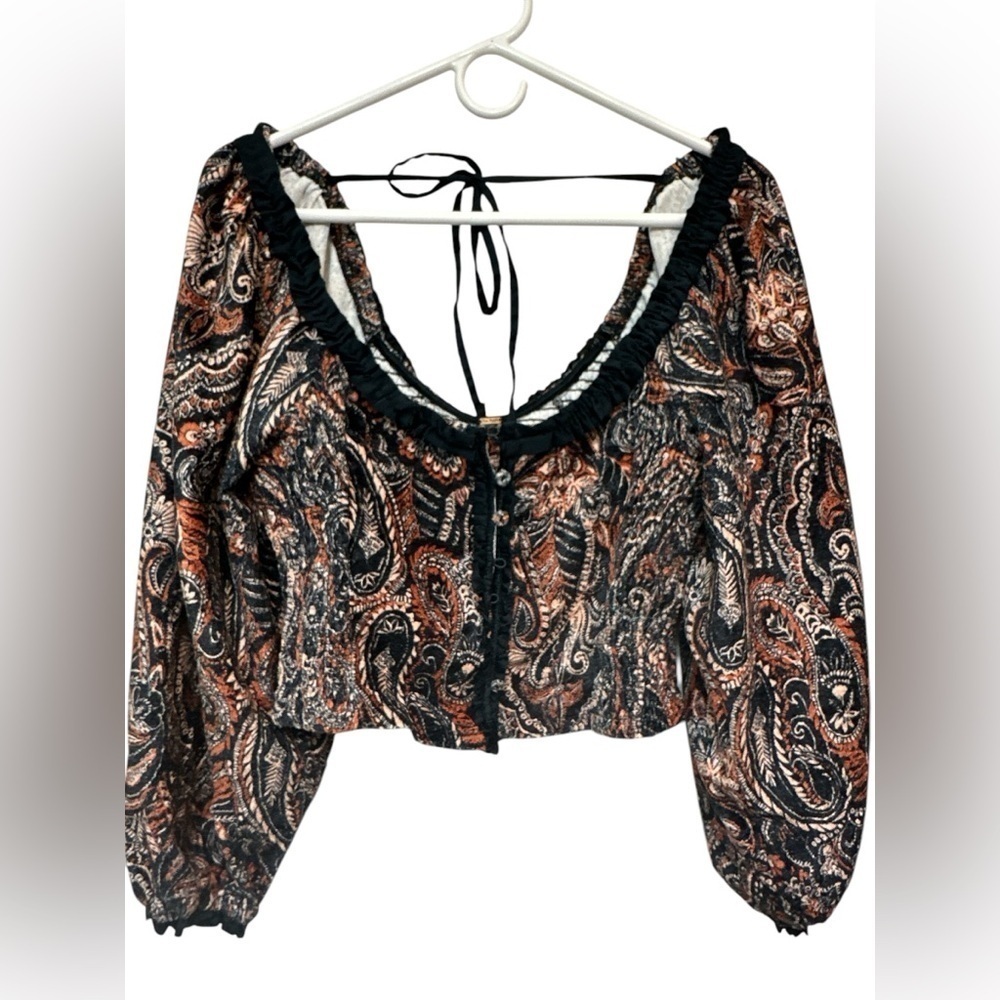 Free People Dare Me VELVET Blouse Women's Black Blouson Sleeve - Picture 1 of 14